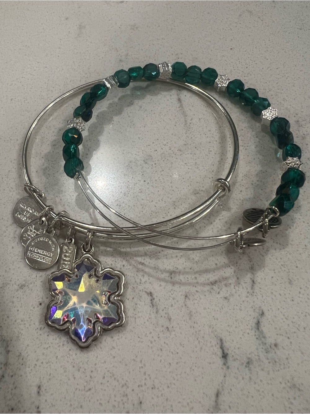 Alex and Ani Silver Tone Bangle Set with Emerald Green Beads & Snowflake Charm